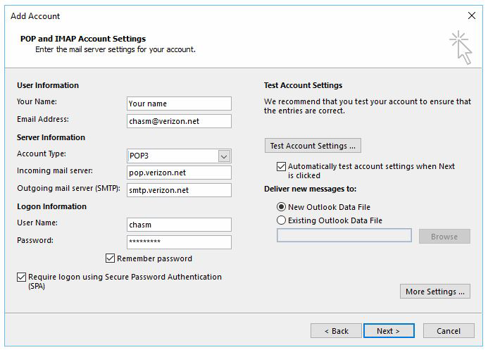 Pure Telecom’s server settings on Outlook2016.